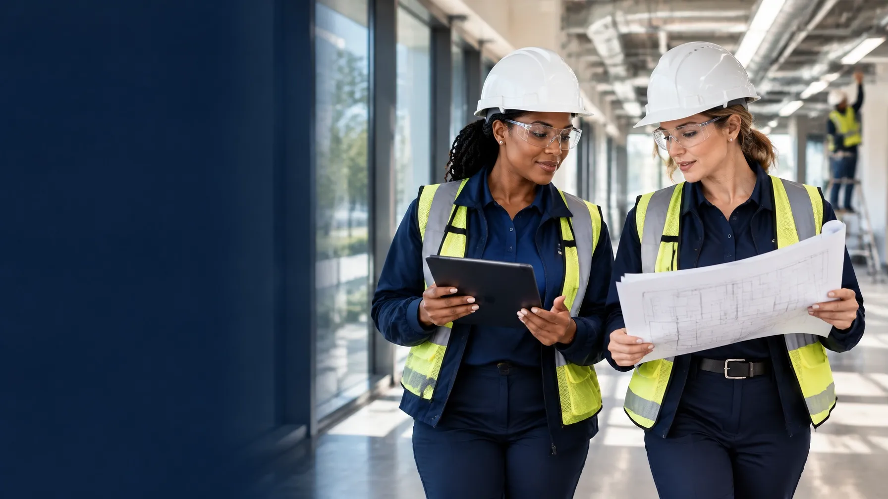 Black and white women facilities managers reviewing plans together during a commercial building walkthrough
